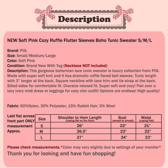 Pink Flutter Bell Sleeve Lace Boho Tunic Sweater - Picture 9 of 9